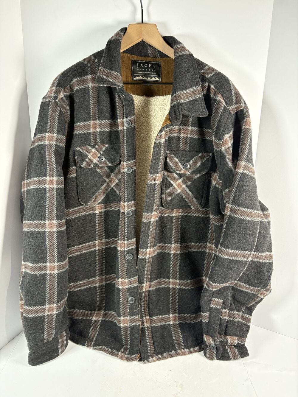 JACHS New York Mens XL Wool Blend Plaid Sherpa Lined Shirt Jacket Shacket Gray